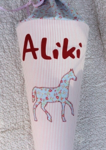 Preview: Schultüte alt rosa /blau mit Pferd Westfalenstoffe