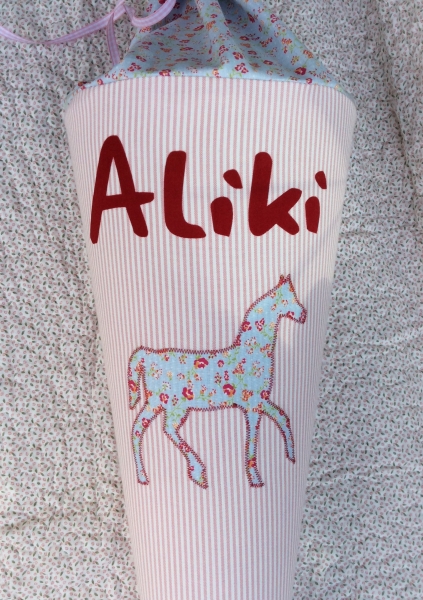 Schultüte alt rosa /blau mit Pferd Westfalenstoffe