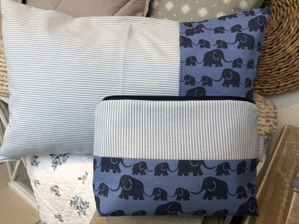 Namenskissen "Westfalenstoffe" Elefanten blau