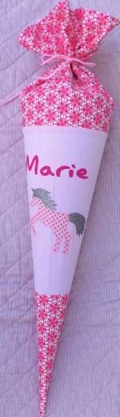 Schultüte Glitzer Einhorn, Rosa Blumen